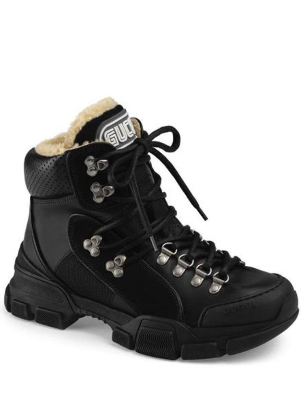 Gucci Trekking Flashtrek Shearling Fur Leather Hiking Boots Shoes Sneakers